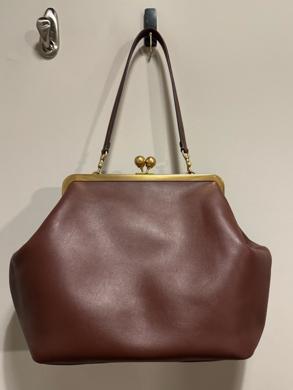 Coach Large Kisslock Frame Bag in Brown with Gold Hardware